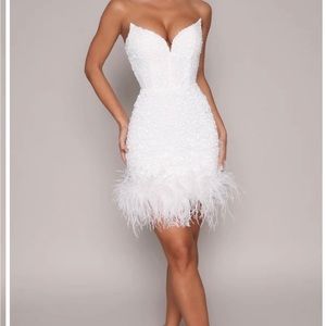 ZIVA STRAPLESS SEQUIN MINI DRESS W/ FEATHER TRIM- WHITE